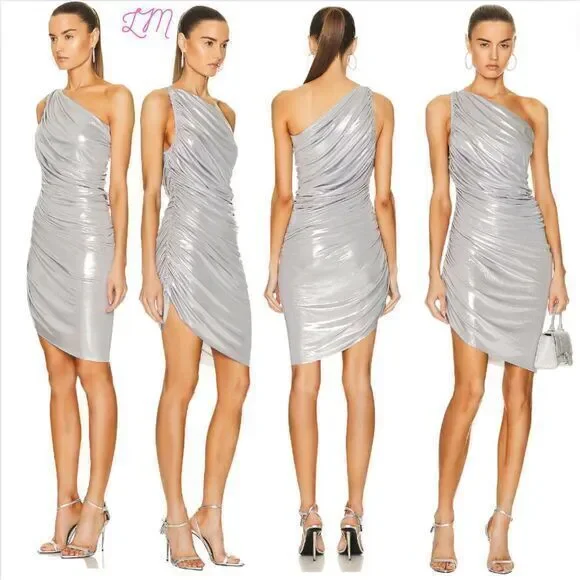 Norma Kamali Revolve Diana Mini Dress Silver‎ Size Small Metallic Ruched